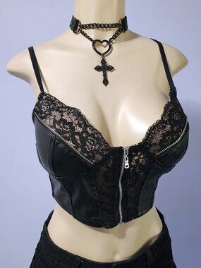 Gothic Haute Monde Faux Leather Lace Bustier Crop Top Zip Front Size Small